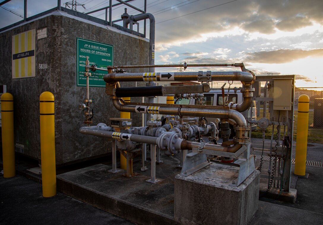The base’s pantograph system at the defense fuel supply point on Camp Foster, Okinawa, Japan, Jan. 13, 2021. The pantograph is a stationary refueling system that connects directly to any U.S. military aircrafts or external tanks for efficient refueling. (U.S. Marine Corps photo by Lance Cpl. Shelby A. Karr)