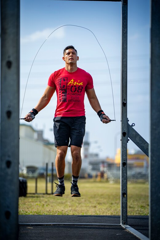 U.S. Marine Corps Sgt. Avery Luengo, the platoon sergeant for G-6 Customer Service Branch, utilizes a fast rope at Gunners Gym on Camp Foster, Okinawa, Japan, Feb. 8, 2020. Luengo remains proactive with his Marines and his own duties by being a force multiplier and exceeding the standard of a noncommissioned officer by earning several awards and certifications through various demanding billets. Luengo is a native of Reynosa, Mexico, and McAllen, Texas. (U.S. Marine Corps photo by Cpl. Karis Mattingly)