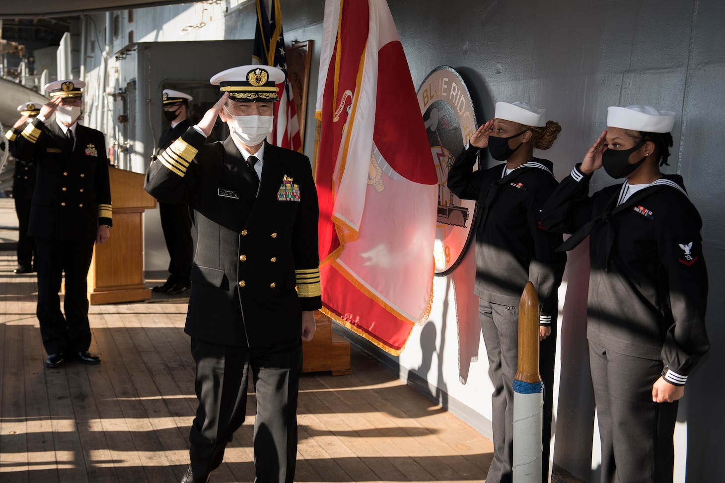210222-N-GR847-0004 YOKOSUKA, Japan (February 22, 2021) Adm. Hiroshi Yamamura, Chief of Staff, Japan Maritime Self-Defense Force, is welcomed with honors aboard the 7th Fleet flagship USS Blue Ridge (LCC 19). As the U.S. Navy's largest forward-deployed fleet, 7th Fleet employs 50-70 ships and submarines across the Western Pacific and Indian oceans. U.S. 7th Fleet routinely operates and interacts with 35 maritime nations while conducting missions to preserve and protect a free and open Indo-Pacific Region. (U.S. Navy photo by Mass Communication Specialist 2nd Class Reymundo A. Villegas III)