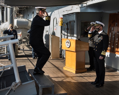 210222-N-GR847-0001 YOKOSUKA, Japan (February 22, 2021) Commander, U.S. 7th Fleet Vice Adm. Bill Merz salutes Adm. Hiroshi Yamamura, Chief of Staff, Japan Maritime Self-Defense Force, as he arrives aboard the 7th Fleet flagship USS Blue Ridge (LCC 19). As the U.S. Navy's largest forward-deployed fleet, 7th Fleet employs 50-70 ships and submarines across the Western Pacific and Indian oceans. U.S. 7th Fleet routinely operates and interacts with 35 maritime nations while conducting missions to preserve and protect a free and open Indo-Pacific Region. (U.S. Navy photo by Mass Communication Specialist 2nd Class Reymundo A. Villegas III)