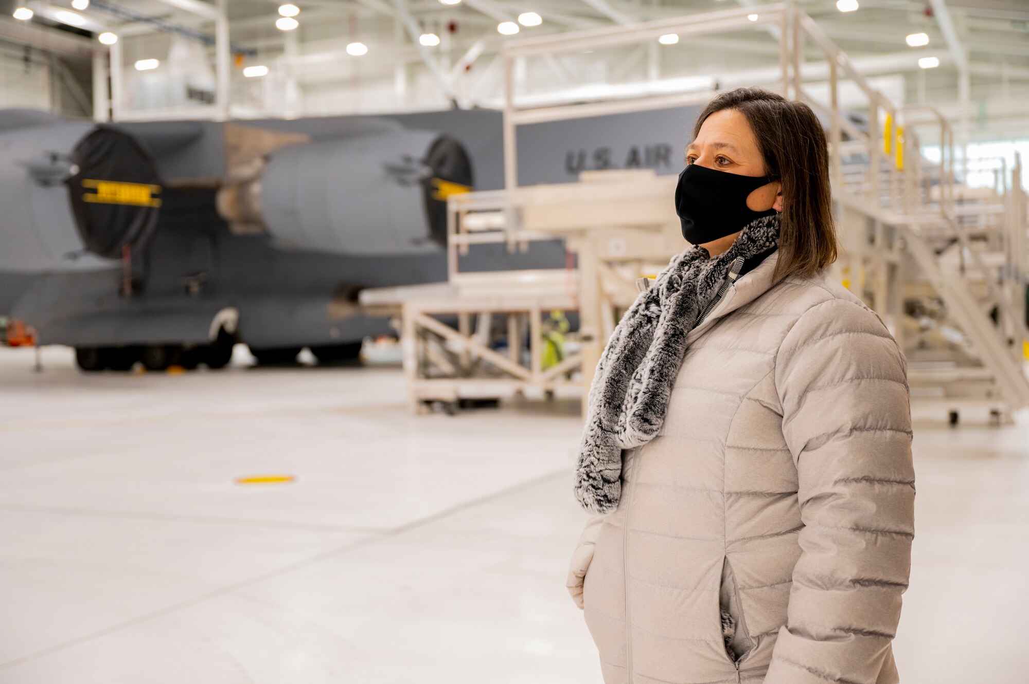 Pennsylvania State Representative Valerie Gaydos looks around at the new two-bay hangar at the Pittsburgh International Airport Air Reserve Station, Pennsylvania, Feb. 19, 2021.
