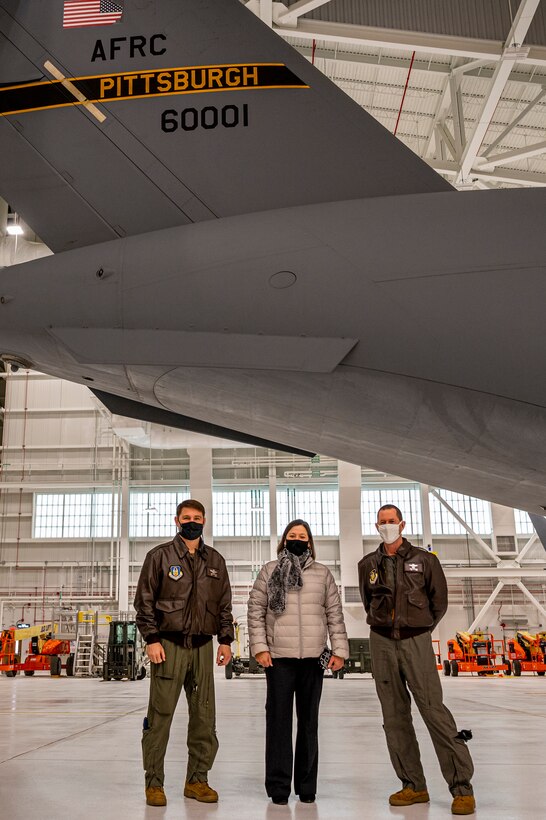 Col. John Boccieri, 911th Airlift wing vice commander, Pennsylvania State Representative Valerie Gaydos, and Col. John Robinson, 911th AW commander, poses for a photo at the Pittsburgh International Airport Air Reserve Station, Pennsylvania, Feb. 19, 2021.