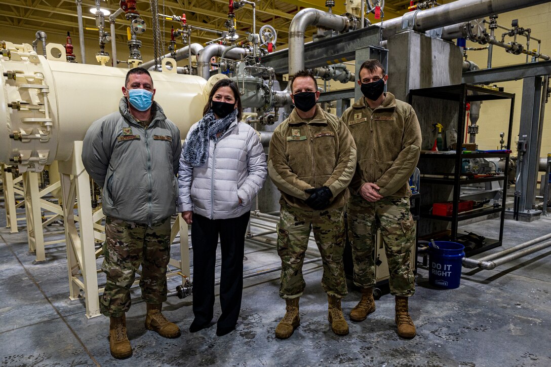 Pennsylvania State Representative Valerie Gaydos poses for a photo with members of the 911th Logistics Readiness Squadron while touring the fuel depot at the Pittsburgh International Airport Air Reserve Station, Pennsylvania, Feb. 19, 2021.