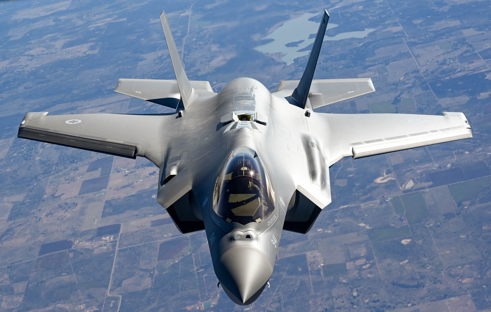 An F-35 Lightning II from the Defense Contract Management Agency conducts its first flight and first tanking with a KC-135R Stratotanker from the 465th Air Refueling Squadron, Tinker Air Force Base, Oklahoma, Feb. 24, 2021. Once fully tested this F-35 will join the fleet at Eielson Air Force Base, Alaska. (U.S. Air Force photo by Senior Airman Mary Begy)