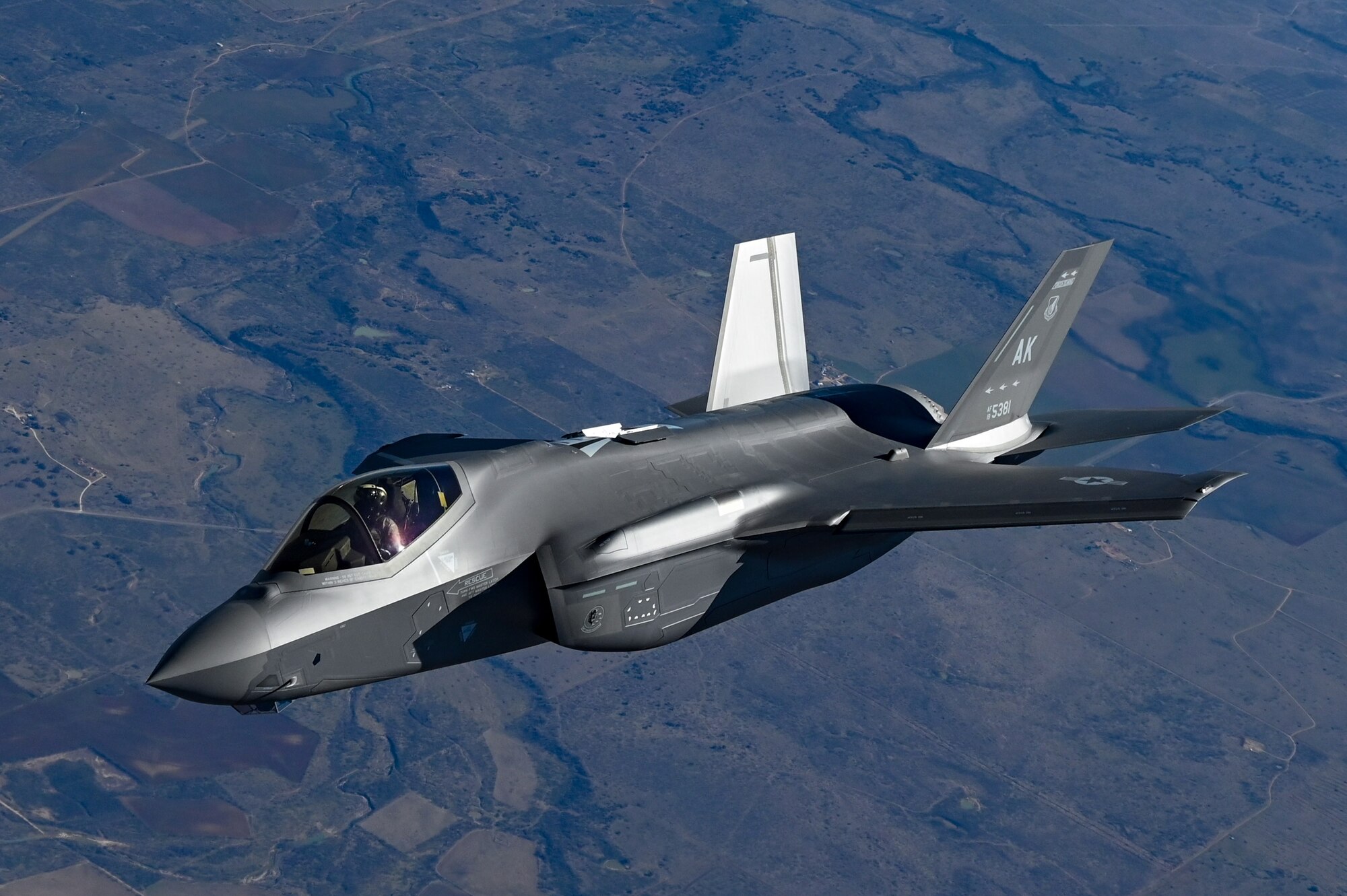 An F-35 Lightning II from the Defense Contract Management Agency conducts its first flight and first tanking with a KC-135R Stratotanker from the 465th Air Refueling Squadron, Tinker Air Force Base, Oklahoma, Feb. 24, 2021. Once fully tested this F-35 will join the fleet at Eielson Air Force Base, Alaska. (U.S. Air Force photo by Senior Airman Mary Begy)