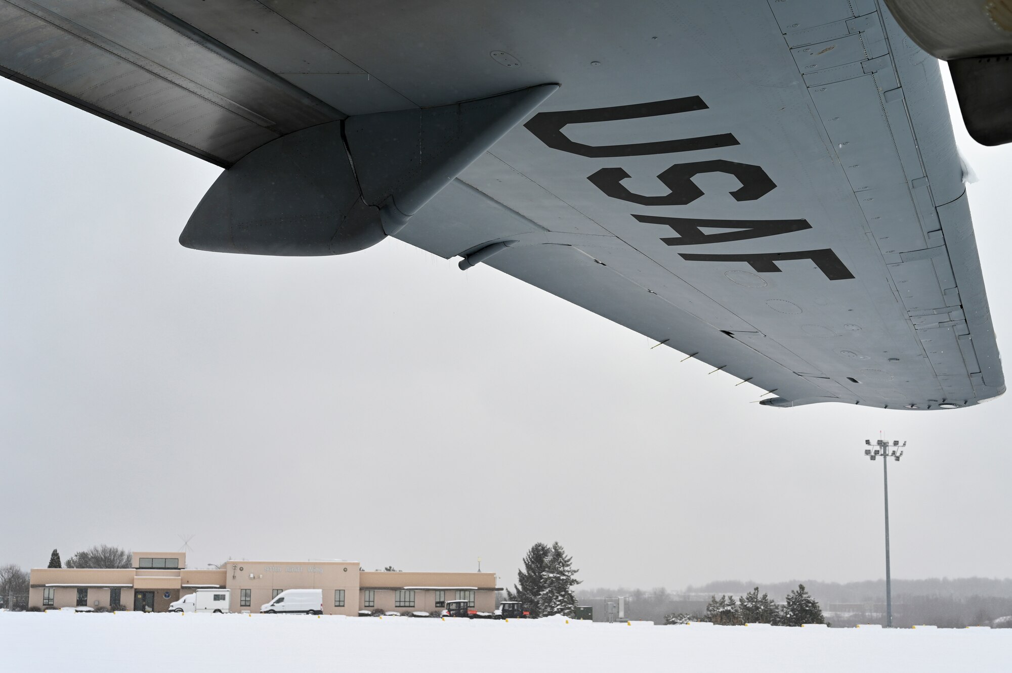 A C-17 Globemaster III assigned to the 911th Airlift Wing sits on the flight line after a winter storm at the Pittsburgh International Airport Air Reserve Station, Pennsylvania, Feb. 1, 2021.