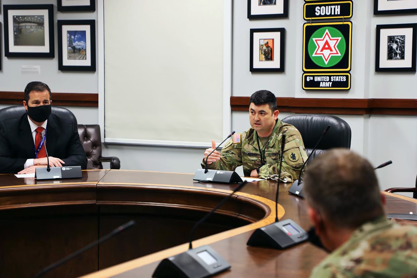 U.S. Army Col. Michael Lewczak (center), U.S. Army South assistant chief of staff for strategy, plans and policy, provides the closing remarks of the Operation Alamo Shield pre-deployment training seminar at Joint Base San Antonio-Fort Sam Houston Feb. 25.