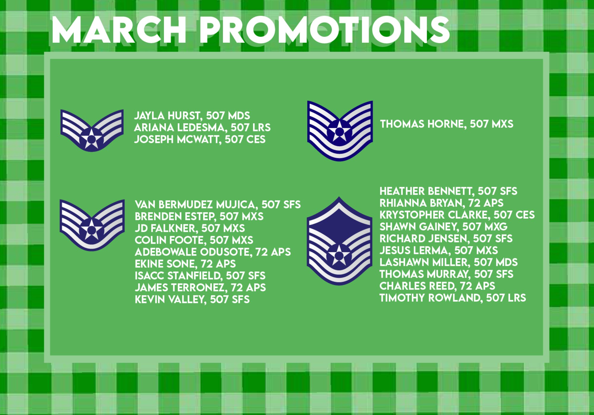 The March 2021 Enlisted Promotions graphic from the 507th Air Refueling Wing at Tinker Air Force Base, Oklahoma. (U.S. Air Force graphic by Senior Airman Mary Begy)