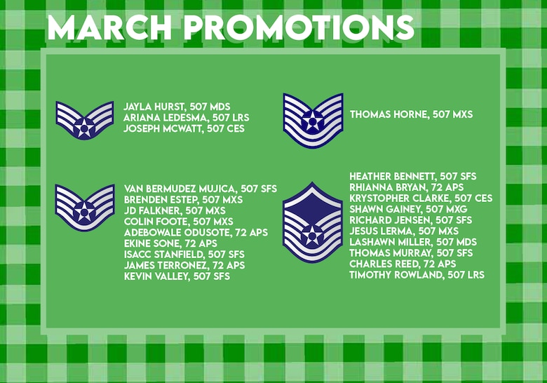 The March 2021 Enlisted Promotions graphic from the 507th Air Refueling Wing at Tinker Air Force Base, Oklahoma. (U.S. Air Force graphic by Senior Airman Mary Begy)