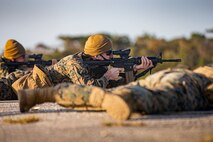 U.S. Marine Corps Staff Sgt. Oscar Lopezbenitez, a roadmaster with the Motor Transportation Office, sights down range and fires at the target on Camp Schwab, Okinawa, Japan, Feb. 2, 2020. Once a year, Marines are required to shoot on the known distance course of fire, tables one and two. Upon completion, Marines are awarded a score of marksmanship, sharpshooter or expert. Lopezbenitez is a native of Immokalee, Florida. (U.S. Marine Corps photo by Cpl. Karis Mattingly)