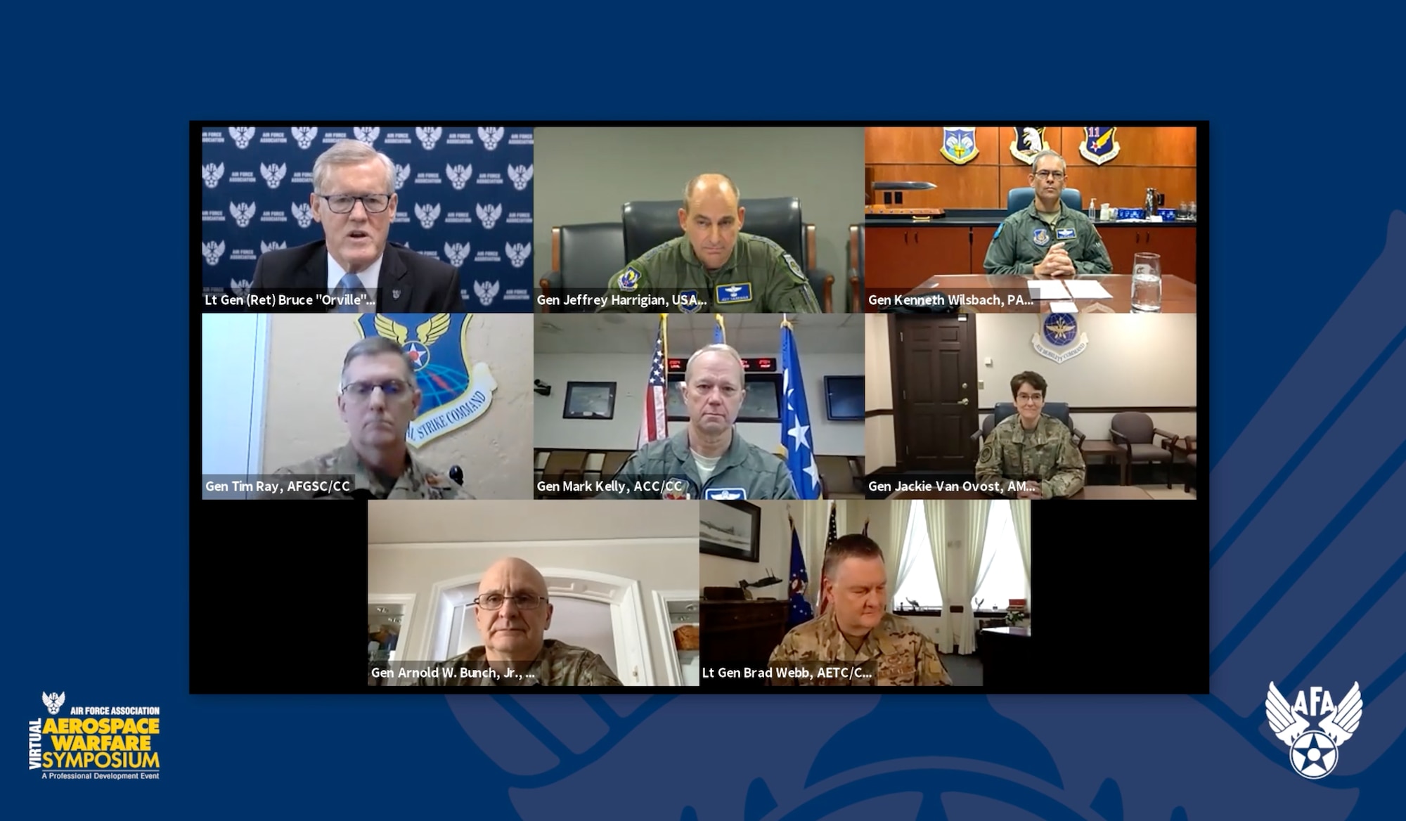 U.S. Air Force Gen. Mark Kelly, commander of Air Combat Command, speaks during the 2021 Virtual Air Force Warfare Symposium along with six major command senior leaders, Feb. 24, 2021. The other six major command senior leaders who all participated in the discussion on the “Accelerating Change Across the Air Force” panel, are U.S. Air Force Gen. Timothy Ray, commander of Air Force Global Strike Command; U.S. Air Force Gen. Arnold Bunch, Jr., commander of Air Force Materiel Command; U.S. Air Force Gen. Kenneth Wilsbach, commander of Pacific Air Forces; U.S. Air Force Gen. Jaqueline Van Ovost, commander of Air Mobility Command; U.S. Air Force Lt. Gen. Marshall “Brad” Webb, commander of Air Education and Training Command; U.S. Air Force Lt. Gen. James Slife, commander of Air Force Special Operations Command; and U.S. Air Force Gen. Jefferey Harrigian, commander of U.S. Air Forces in Europe & Air Forces Africa and commander, Allied Air Command.