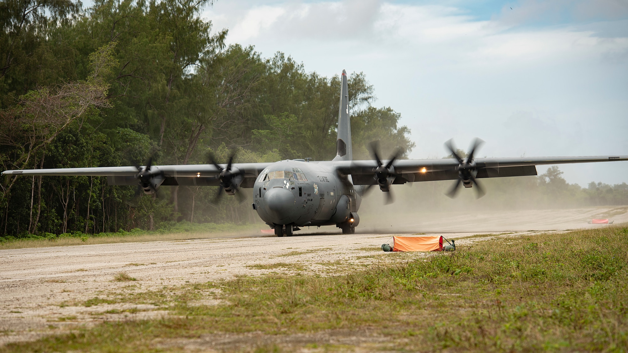 A U.S. Air Force C-130J Super Hercules, assigned to Yokota Air Base, Japan, lands during Cope North 21, Feb. 11, 2021, on Angaur, Palau.