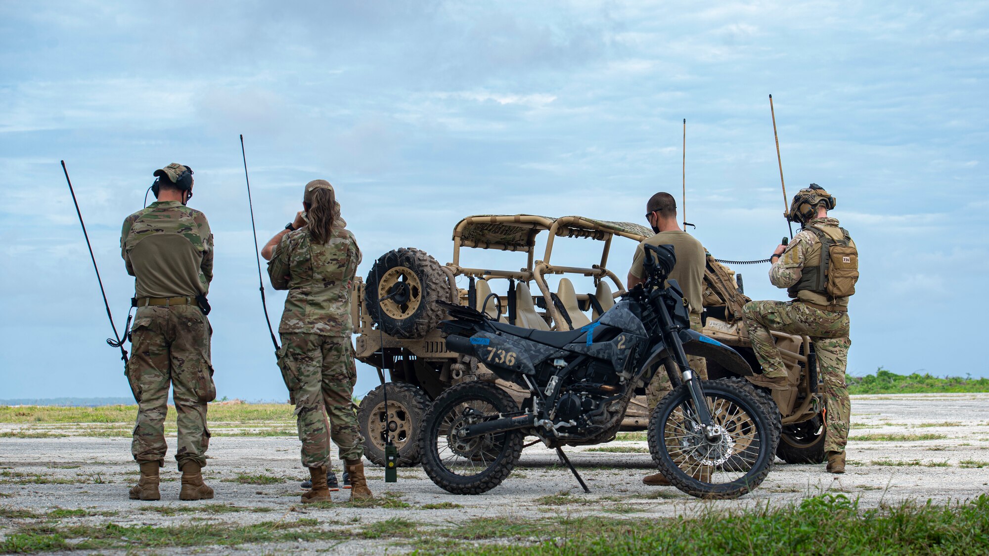 Members of the 36th Contingency Response Group await an incoming aircraft during Cope North 21, Feb. 10, 2021, on Angaur, Palau.