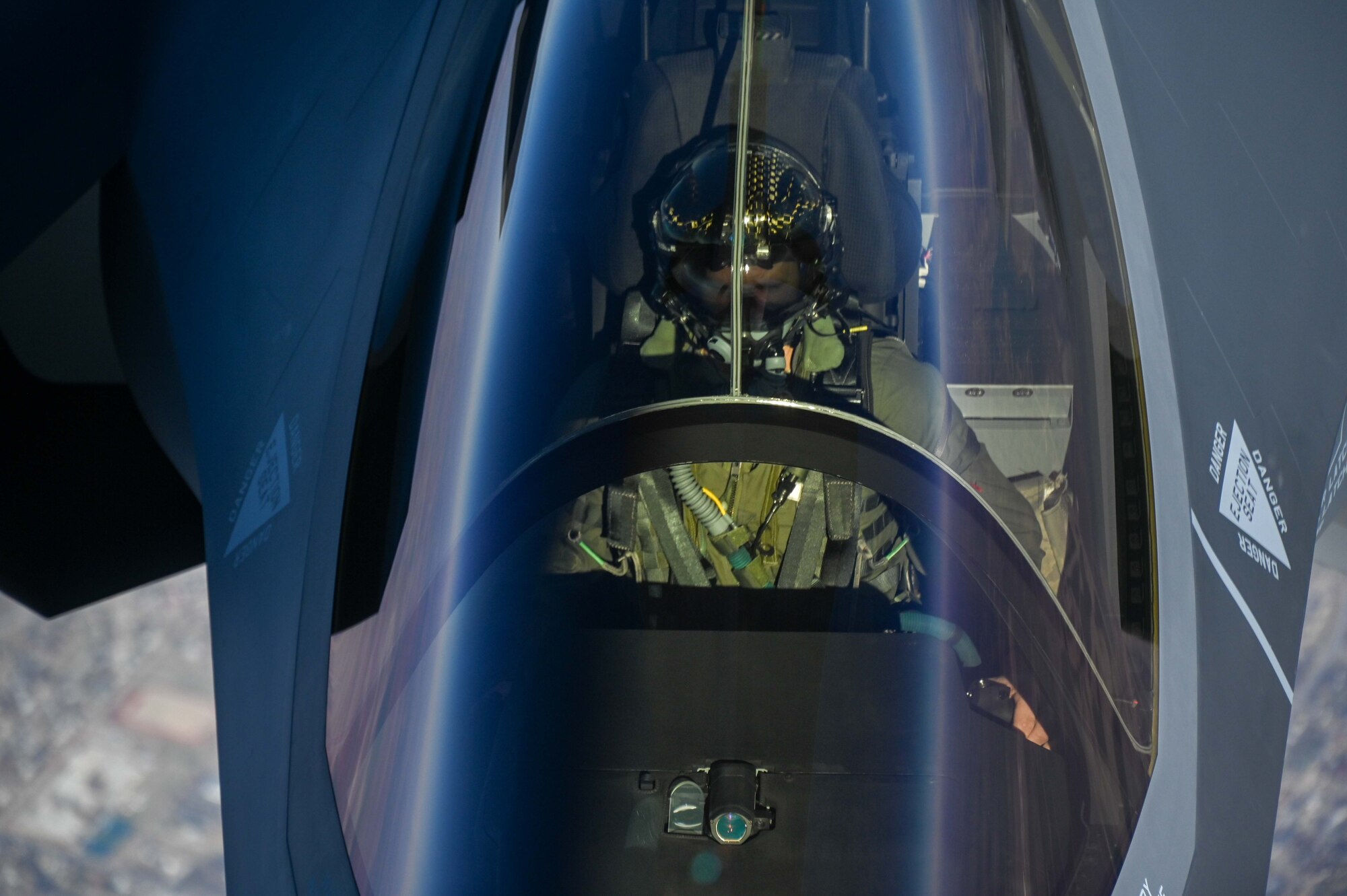 An F-35 Lightning II from the Defense Contract Maintenance Agency conducts its first flight and first tanking with a KC-135R Stratotanker from the 465th Air Refueling Squadron, Tinker Air Force Base, Oklahoma, Feb. 24, 2021. Once fully tested this F-35 will join the fleet at Eielson Air Force Base, Alaska. (U.S. Air Force photo by Senior Airman Mary Begy)