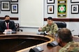 U.S. Army Col. Michael Lewczak (center), U.S. Army South assistant chief of staff for strategy, plans and policy, provides the closing remarks of the Operation Alamo Shield pre-deployment training seminar at Joint Base San Antonio-Fort Sam Houston Feb. 25.