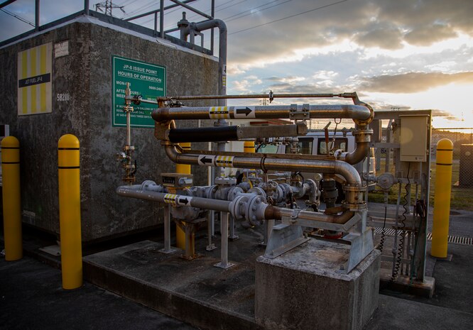 The base’s pantograph system at the defense fuel supply point on Camp Foster, Okinawa, Japan, Jan. 13, 2021. The pantograph is a stationary refueling system that connects directly to any U.S. military aircrafts or external tanks for efficient refueling. (U.S. Marine Corps photo by Lance Cpl. Shelby A. Karr)