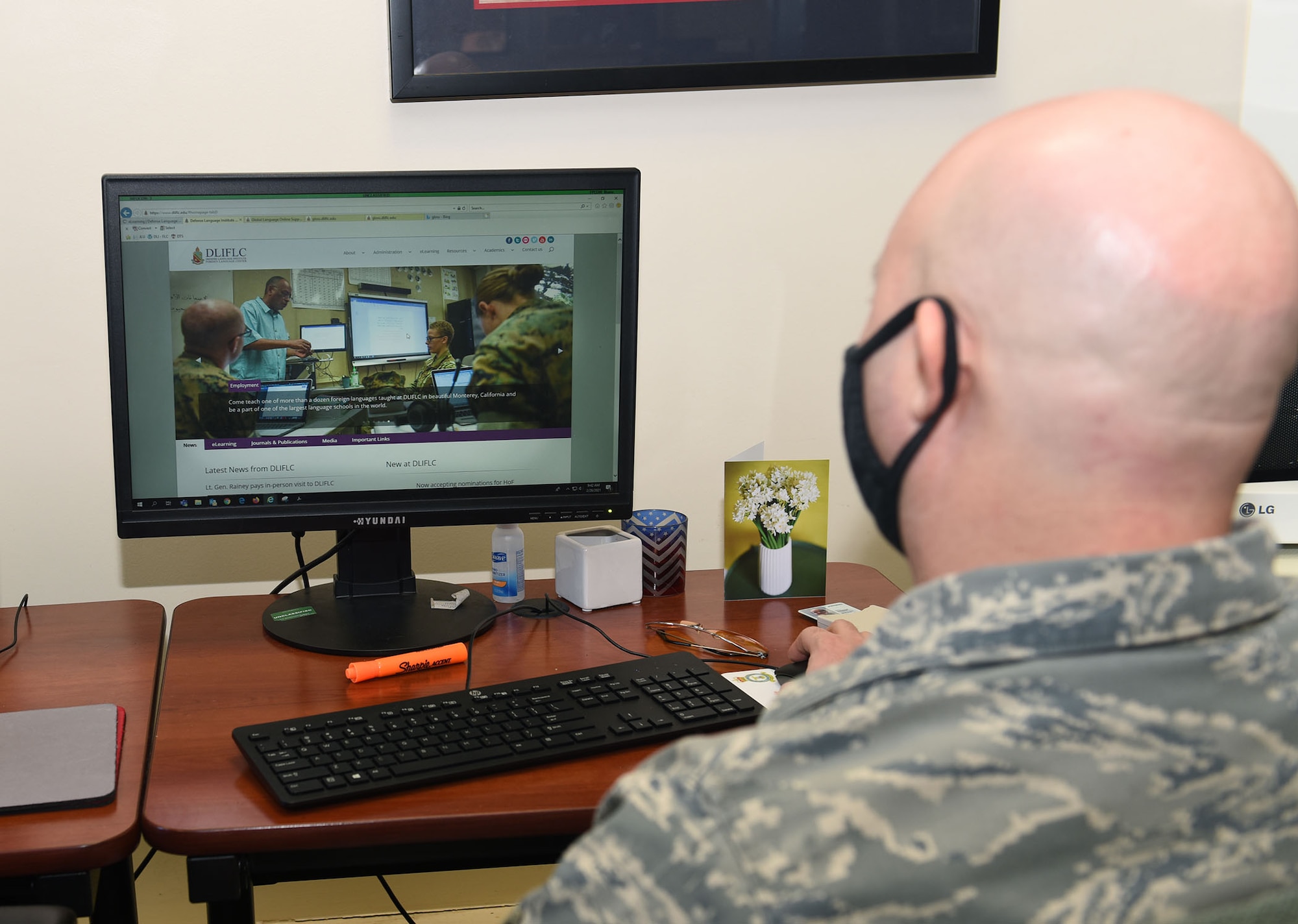 U.S. Air Force Tech. Sgt. Timothy Vivirito, 488th Intelligence Squadron, demonstrates use of the language facilities at the Language Learning Center at Royal Air Force Mildenhall, England, Feb. 26, 2021. The LLC offers a variety of resources for language and culture including a broad selection of reference materials, subject-matter experts on hand, literary resources and dedicated classrooms. (U.S. Air Force photo by Karen Abeyasekere)