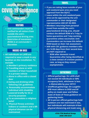 Due to a steady decrease in positive COVID-19 cases in Val Verde County, the 47th Flying Training Wing commander, Col. Craig Prather, has directed the change to Health Protection Condition Bravo on Tuesday, March 2, 2021, effective immediately. The movement to HPCON Bravo does not alter the policies directed and implemented by the Department of the Air Force regarding mask-wear guidance on federal installations. (Courtesy graphic)