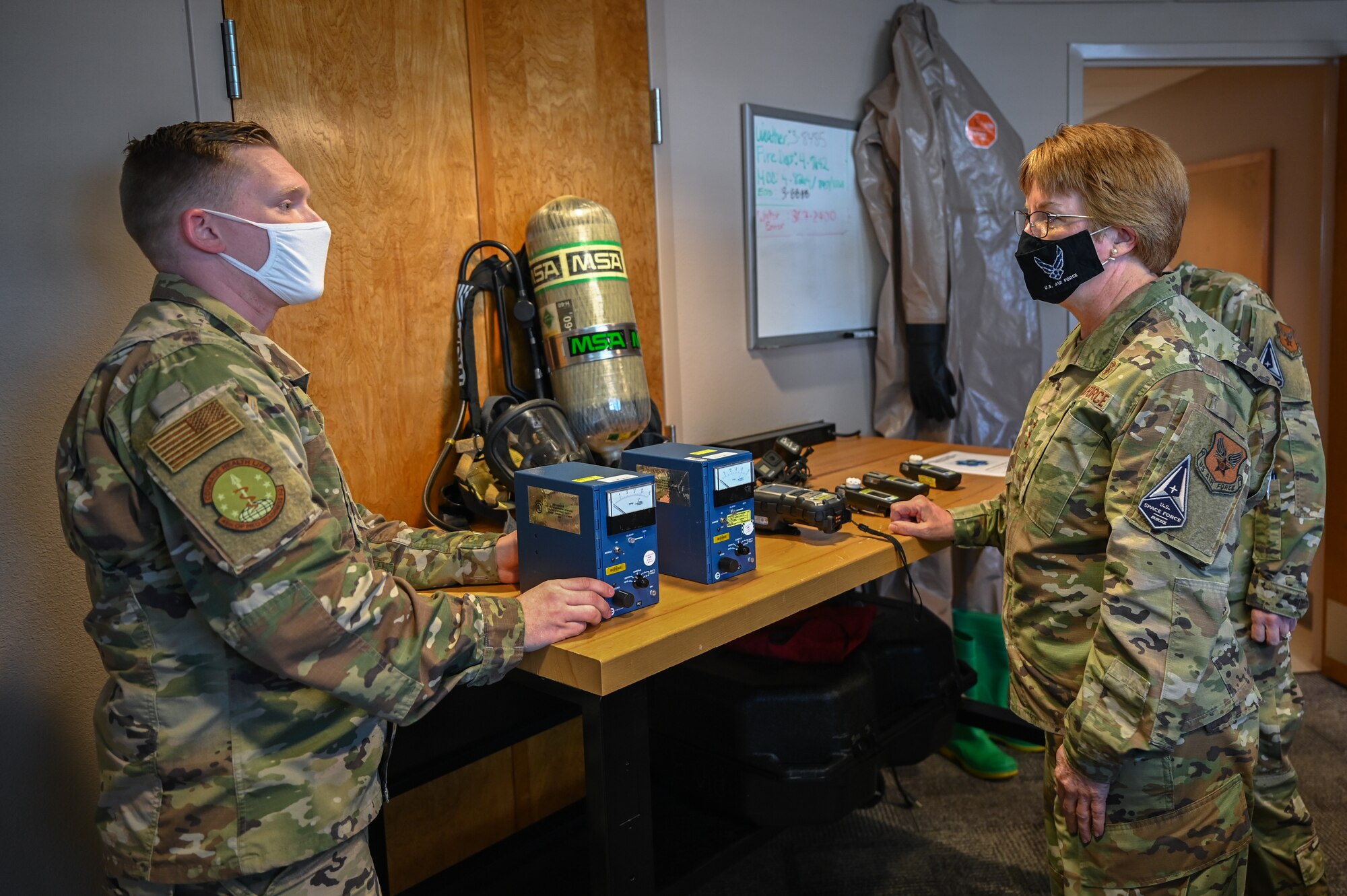 Lt. Gen. Dorothy Hogg, U.S. Air Force Surgeon General, speaks with 45th Medical Group Airman at Patrick Space Force Base, Fla., Feb. 23, 2021. During her visit, Hogg visited staff from multiple sections within the 45th Medical Group. (U.S. Space Force photo by Airman First Class Thomas Sjoberg)