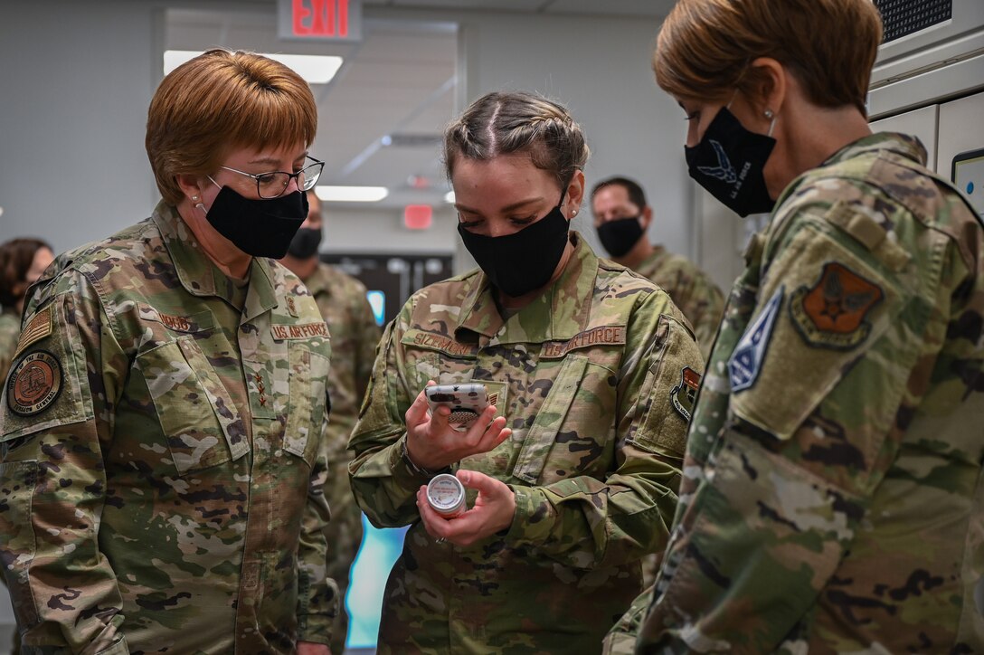 Lt. Gen. Dorothy Hogg, U.S. Air Force Surgeon General, speaks with 45th Medical Group Airman at Patrick Space Force Base, Fla., Feb. 23, 2021. During her visit, Hogg visited staff from multiple sections within the 45th Medical Group. (U.S. Space Force photo by Airman First Class Thomas Sjoberg)