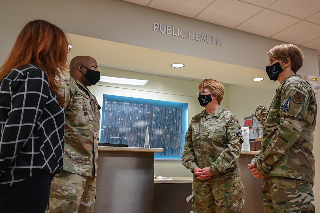 Lt. Gen. Dorothy Hogg, U.S. Air Force Surgeon General, visits members of the 45th Medical Group Public Health section at Patrick Space Force Base, Fla., Feb. 23, 2021. During her visit, Hogg visited staff from multiple sections within the 45th Medical Group. (U.S. Space Force photo by Airman First Class Thomas Sjoberg)