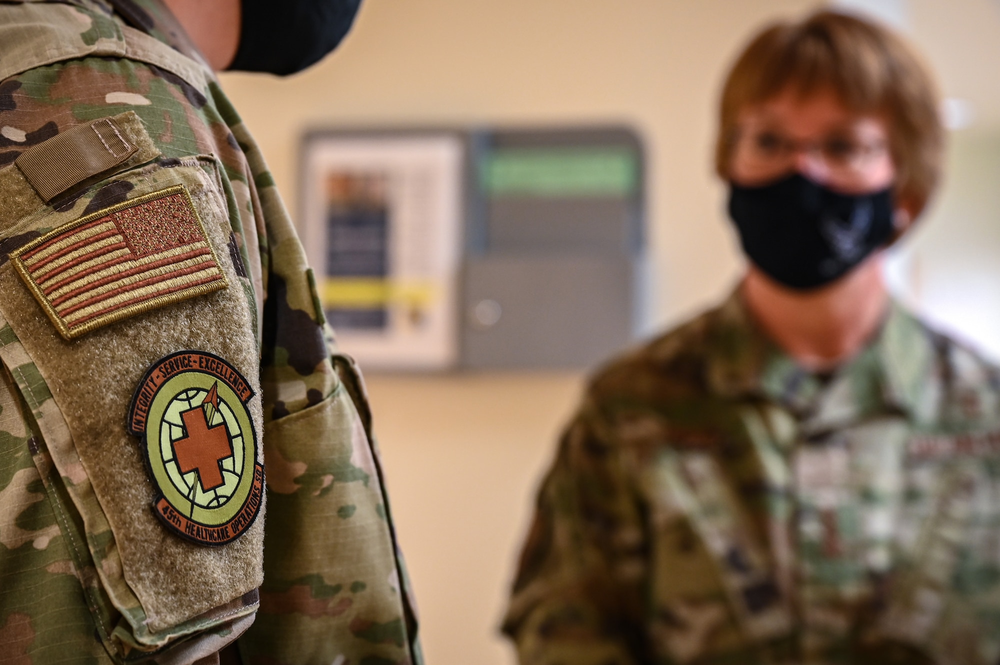 Lt. Gen. Dorothy Hogg, U.S. Air Force Surgeon General, speaks with 45th Medical Group Airman at Patrick Space Force Base, Fla., Feb. 23, 2021. During her visit, Hogg visited staff from multiple sections within the 45th Medical Group. (U.S. Space Force photo by Airman First Class Thomas Sjoberg)