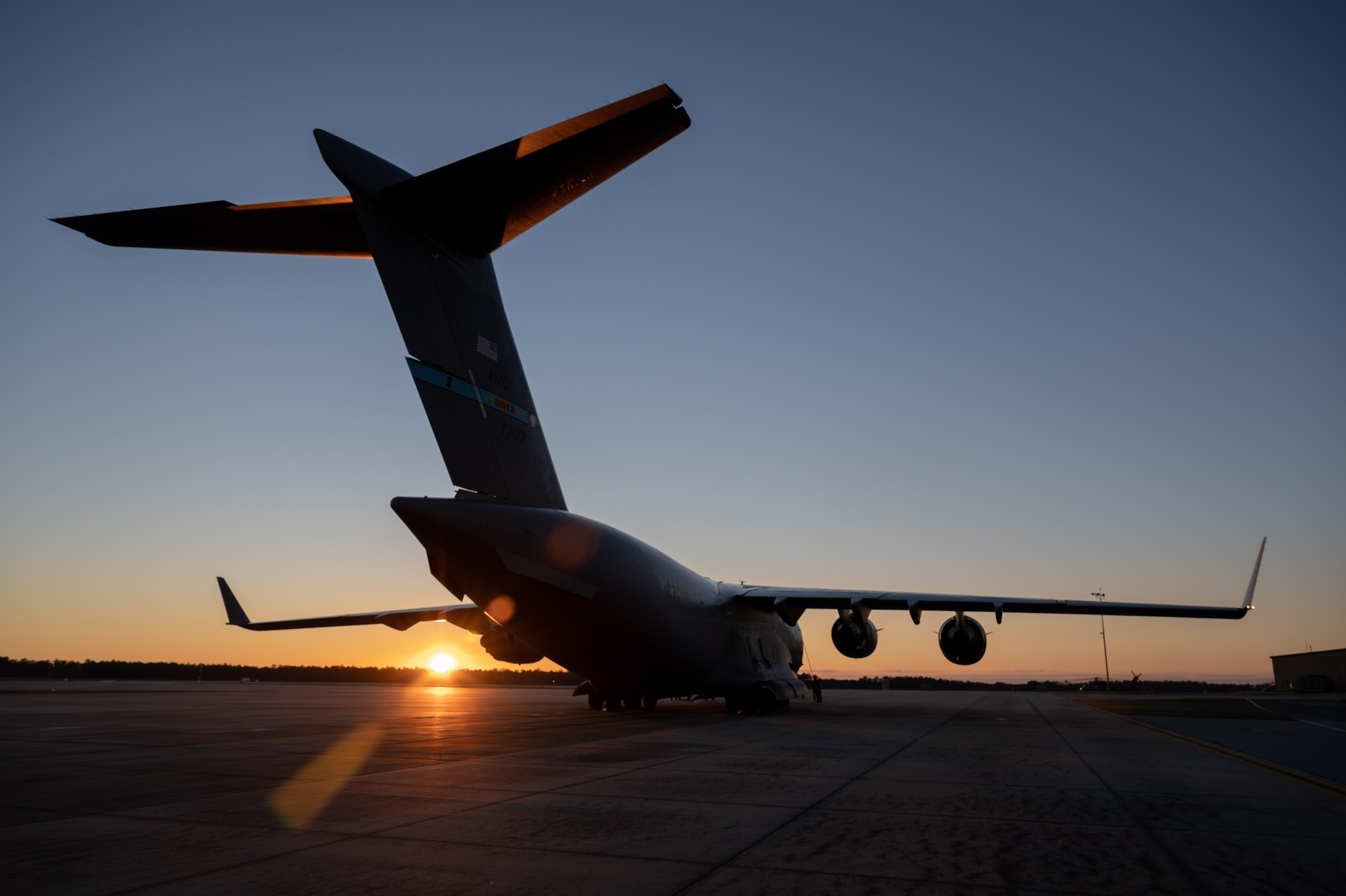 A Dover Air Force Base C-17 Globemaster III prepares for takeoff during exercise Mosaic Tiger at Moody AFB, Georgia, Feb. 23, 2021. Airmen from four different bases, representing two major commands, participated in the exercise that included multiple Air and Space Force installations.  (U.S. Air Force photo by Airman 1st Class Faith Schaefer)
