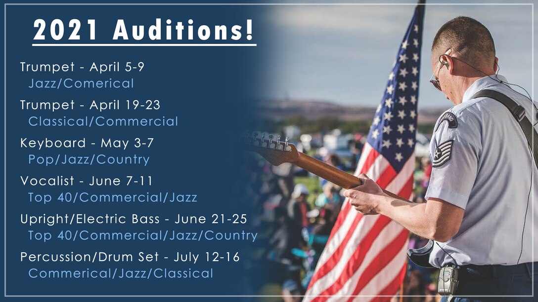 Graphic of a band member plays the guitar for an audience listing upcoming auditions on the left hand side.