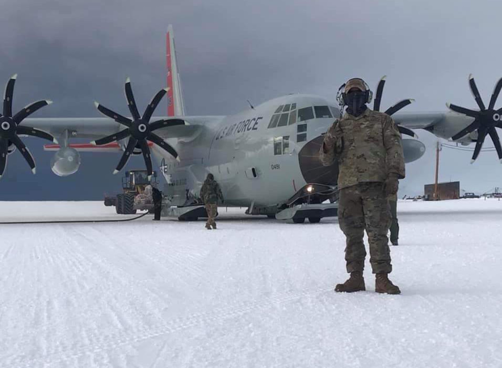 A New York Air National Guard Airman on duty in Antarctica on Feb. 5, 2021, during a mission conducted in support of the National  Science Foundation by the 109th Airlift Wing. The 109th Airlift Wing deployed three LC-130  "Skibird" aircraft and 50 Airmen to Christchurch, New Zealand, to run missions as required to Antarctica as part of the Department of Defense's Operation Deep Freeze.