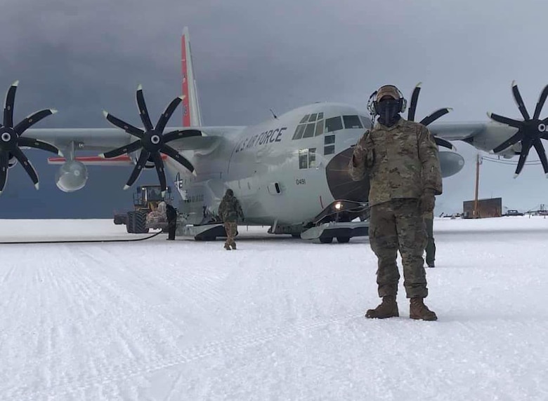 A New York Air National Guard Airman on duty in Antarctica on Feb. 5, 2021, during a mission conducted in support of the National  Science Foundation by the 109th Airlift Wing. The 109th Airlift Wing deployed three LC-130  