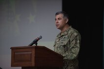 210304-N-KZ419-1085 NAVAL SUPPORT ACTIVITY BAHRAIN (March 4, 2021) - Capt. Oscar Rojas, incoming commanding officer of Commander, Task Force (CTF) 52, delivers remarks during a change of command ceremony onboard Naval Support Activity Bahrain, March 4. CTF 52 strengthens national and coalition mine countermeasures capabilities and capacity in order to promote a secure maritime environment in the U.S. Central Command area of responsibility. (U.S. Navy photo by Mass Communication Specialist 3rd Class Dawson Roth)