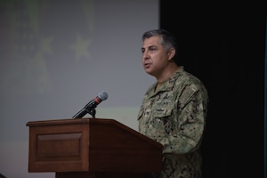 210304-N-KZ419-1085 NAVAL SUPPORT ACTIVITY BAHRAIN (March 4, 2021) - Capt. Oscar Rojas, incoming commanding officer of Commander, Task Force (CTF) 52, delivers remarks during a change of command ceremony onboard Naval Support Activity Bahrain, March 4. CTF 52 strengthens national and coalition mine countermeasures capabilities and capacity in order to promote a secure maritime environment in the U.S. Central Command area of responsibility. (U.S. Navy photo by Mass Communication Specialist 3rd Class Dawson Roth)