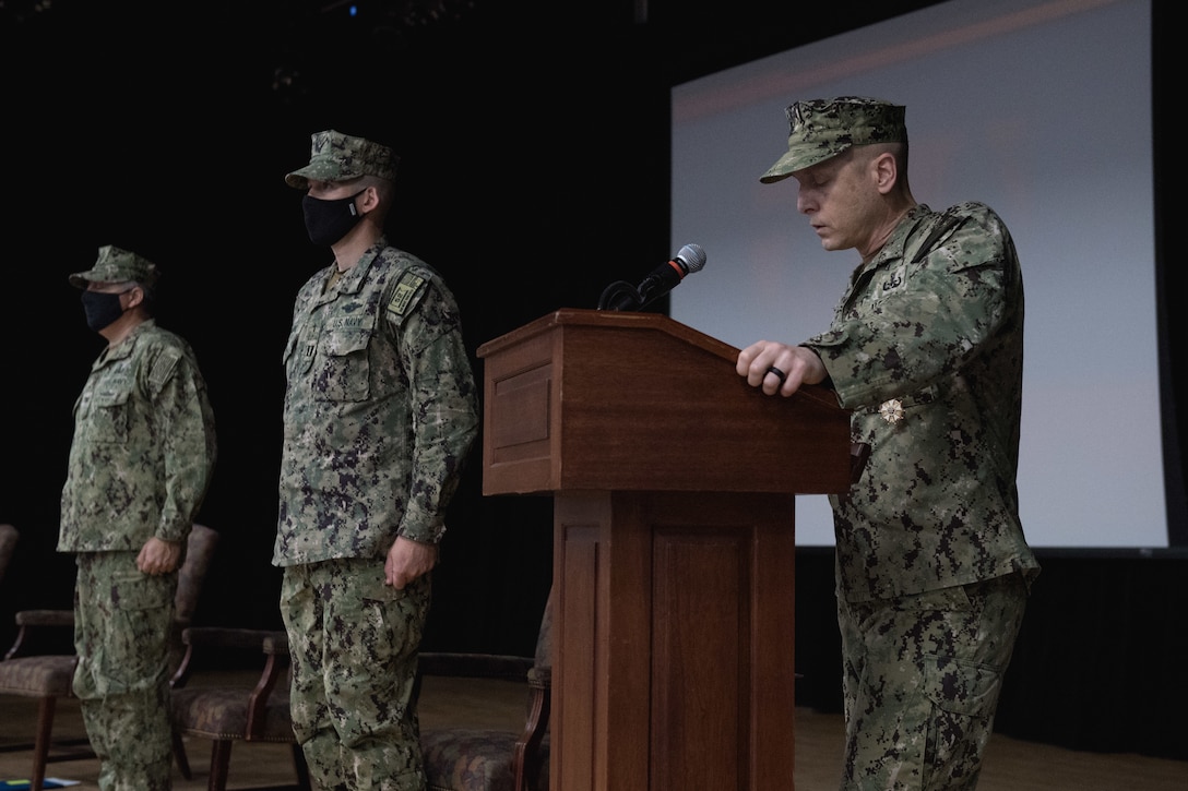 210304-N-KZ419-1055 NAVAL SUPPORT ACTIVITY BAHRAIN (March 4, 2021) - Capt. Jeffrey Morganthaler, right, outgoing commanding officer of Commander, Task Force (CTF) 52, delivers remarks during a change of command ceremony onboard Naval Support Activity Bahrain, March 4. CTF 52 strengthens national and coalition mine countermeasures capabilities and capacity in order to promote a secure maritime environment in the U.S. Central Command area of responsibility. (U.S. Navy photo by Mass Communication Specialist 3rd Class Dawson Roth)