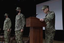 210304-N-KZ419-1055 NAVAL SUPPORT ACTIVITY BAHRAIN (March 4, 2021) - Capt. Jeffrey Morganthaler, right, outgoing commanding officer of Commander, Task Force (CTF) 52, delivers remarks during a change of command ceremony onboard Naval Support Activity Bahrain, March 4. CTF 52 strengthens national and coalition mine countermeasures capabilities and capacity in order to promote a secure maritime environment in the U.S. Central Command area of responsibility. (U.S. Navy photo by Mass Communication Specialist 3rd Class Dawson Roth)