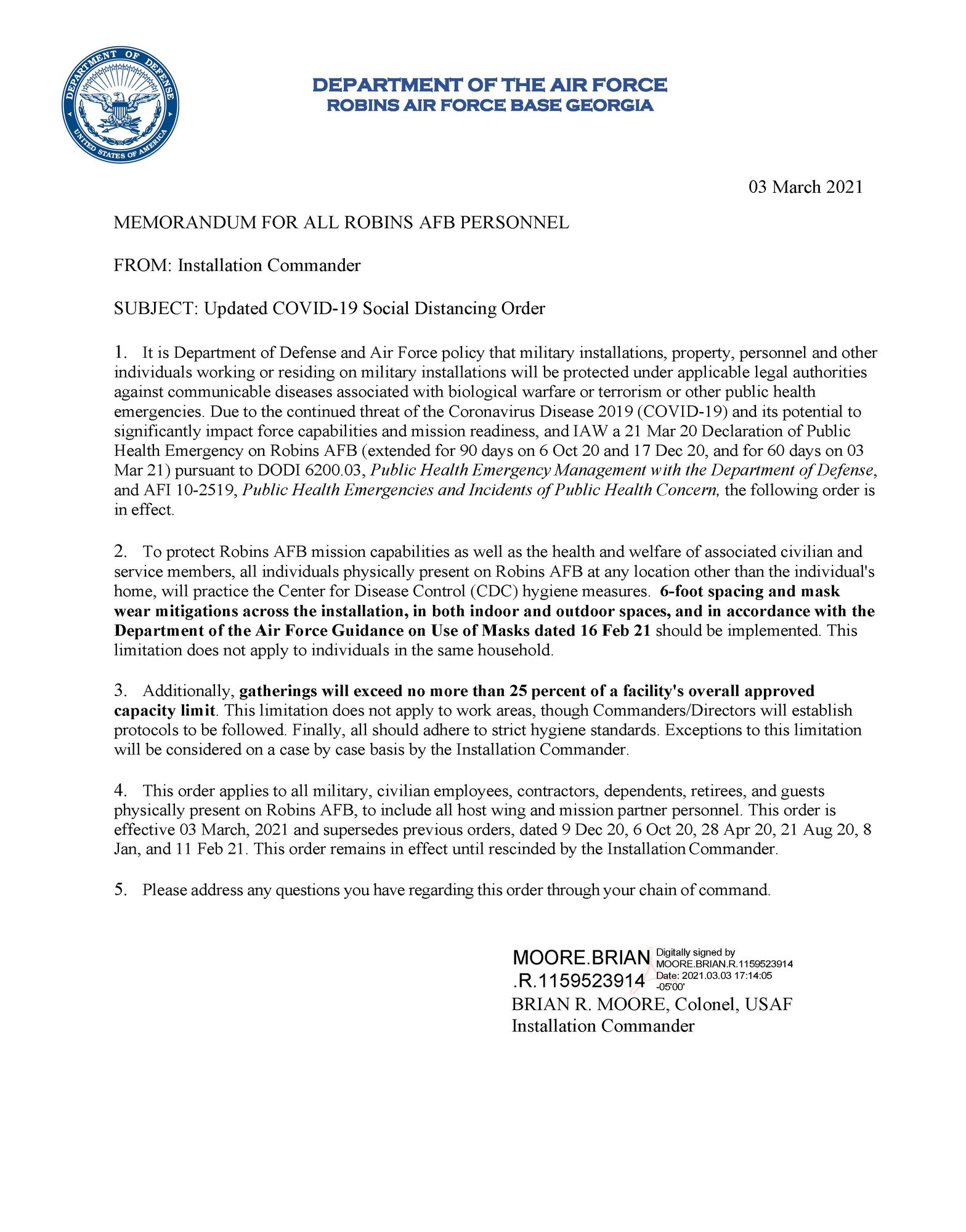 COVID-19 Social Distancing Order 03 Mar 21