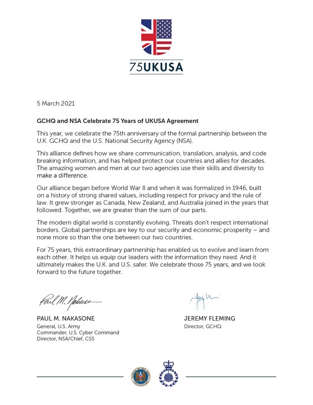 GCHQ and NSA Celebrate 75 Years of UKUSA Agreement