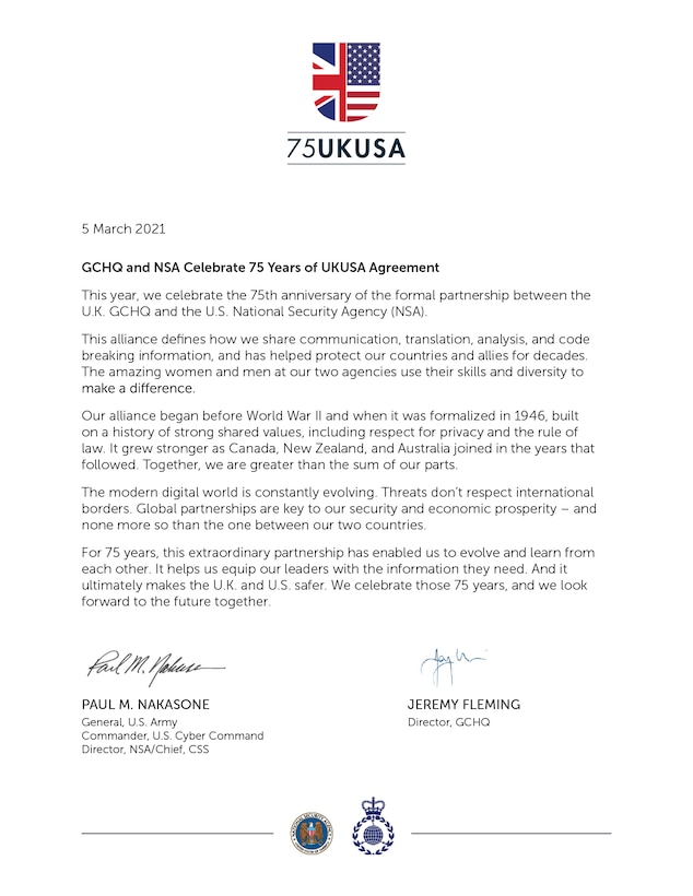 GCHQ and NSA Celebrate 75 Years of UKUSA Agreement