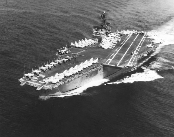 Attack aircraft carrier USS KITTY HAWK (CVA-63) steams the Pacific Ocean July 21,1969.