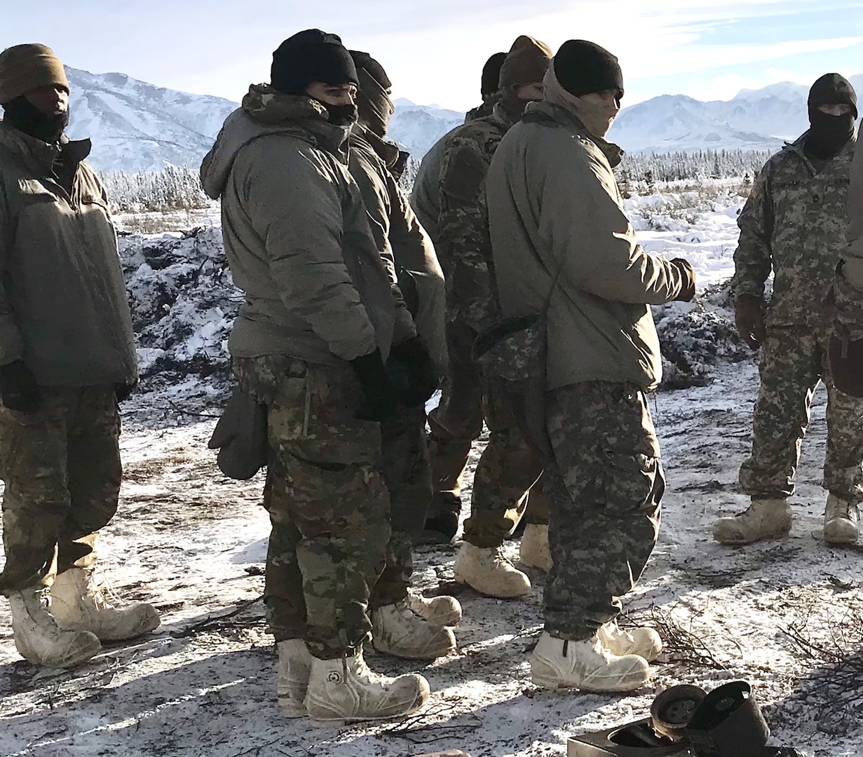 A Role 1 medic from 4th Brigade 25th Infantry Division and Master Sgt. David Edwards collect information from line medic and Role 1 perspective at Fort Greely, Alaska, in order to resolve Arctic warfare gaps, enhance readiness, and inform modernization.