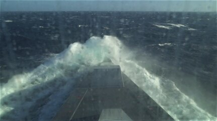 A view of the bow on USS Zumwalt (DDG 1000) during testing in sea state six conditions on Oct. 25, 2020.