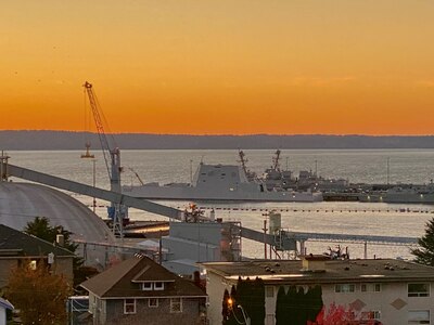 USS Zumwalt (DDG 1000) in port in Everett, Washington, at sunset on Nov. 8, 2020.