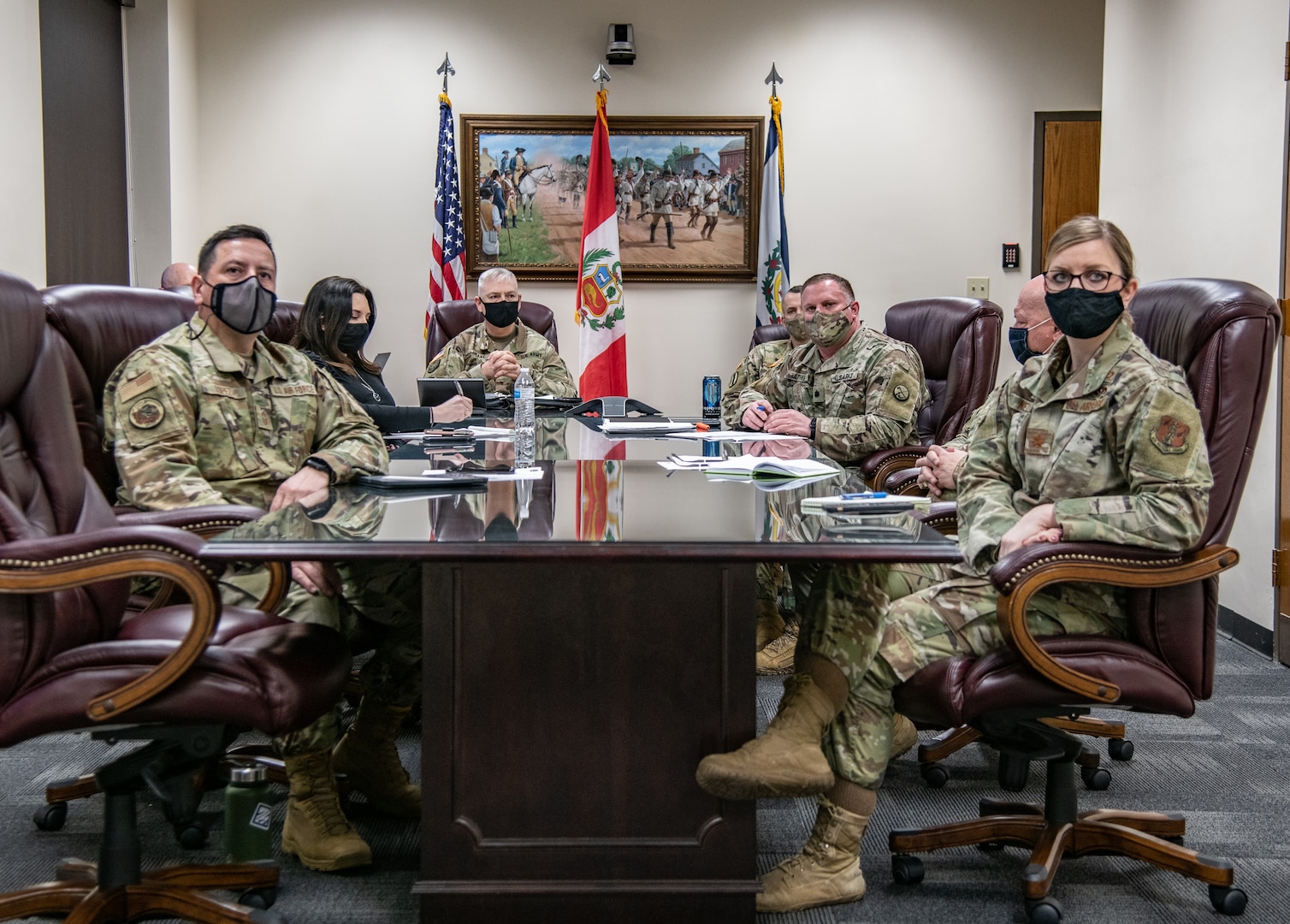 Members of the West Virginia National Guard and the West Virginia Joint Interagency Task Force for COVID-19 Vaccines shared best practices and lessons learned for COVID-19 vaccine distribution with Peru during a virtual workshop held March 2, 2021. The purpose of the workshop, built upon the established SPP relationship between the WVNG and Peru, was to assist Peru in overcoming obstacles and challenges facing their nation as they begin vaccinating their population. (U.S. Army National Guard photo by Edwin L. Wriston)
