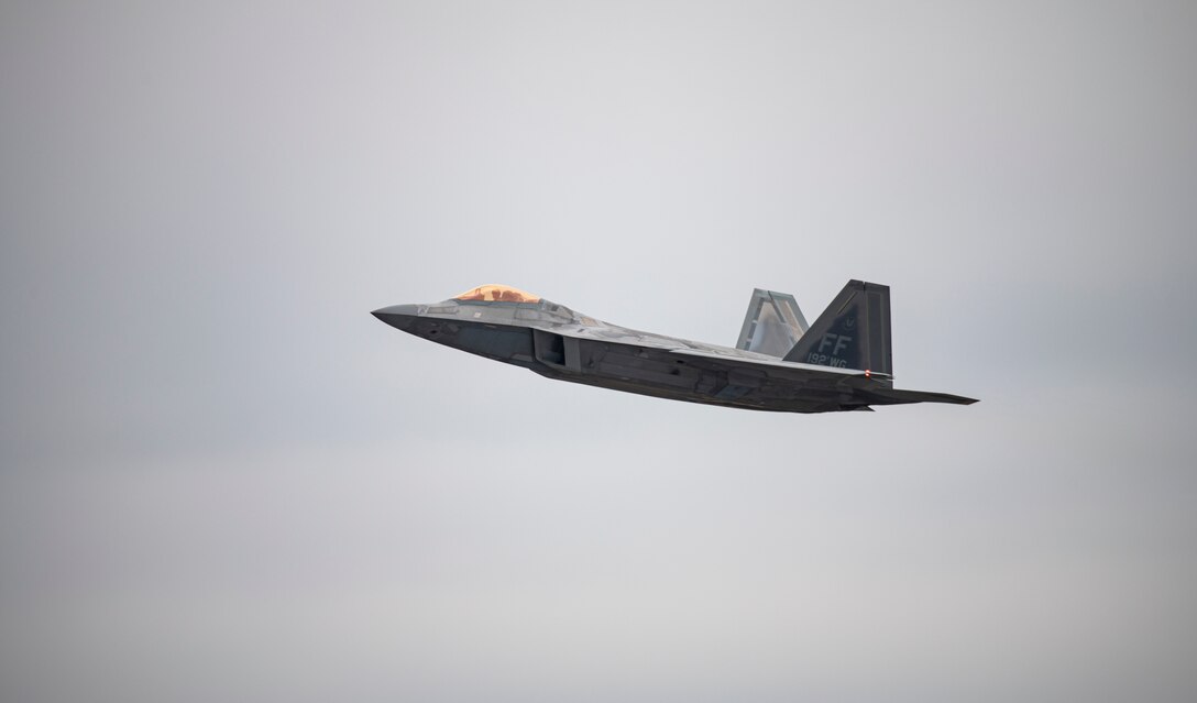 A U.S. Air Force F-22 Raptor from Joint Base Langley-Eustis, Virginia, takes off for a training flight from Tyndall Air Force Base, Florida, Feb. 19, 2021.