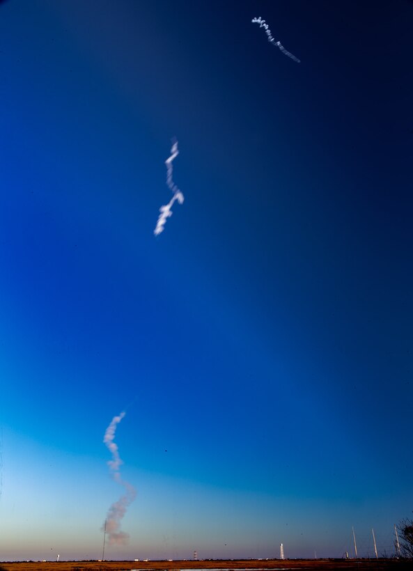 A Terrier-Terrier-Oriole sounding rocket, carrying an experimental research payload for the Air Force Research Laboratory, launches from NASA’s Wallops Flight Facility on Wallops Island, Va., March 3, 2021. The TTO sounding rocket vehicle will place the AFRL research payload onto a preplanned suborbital trajectory. This AFRL research experiment is the first AFRL and Space and Missile Systems Center's Launch Enterprise partnered experimental launch from Wallops Flight Facility, while also being the first U.S. Space Force's first sounding rocket launch with Space Vector Corporation. (Courtesy photo)