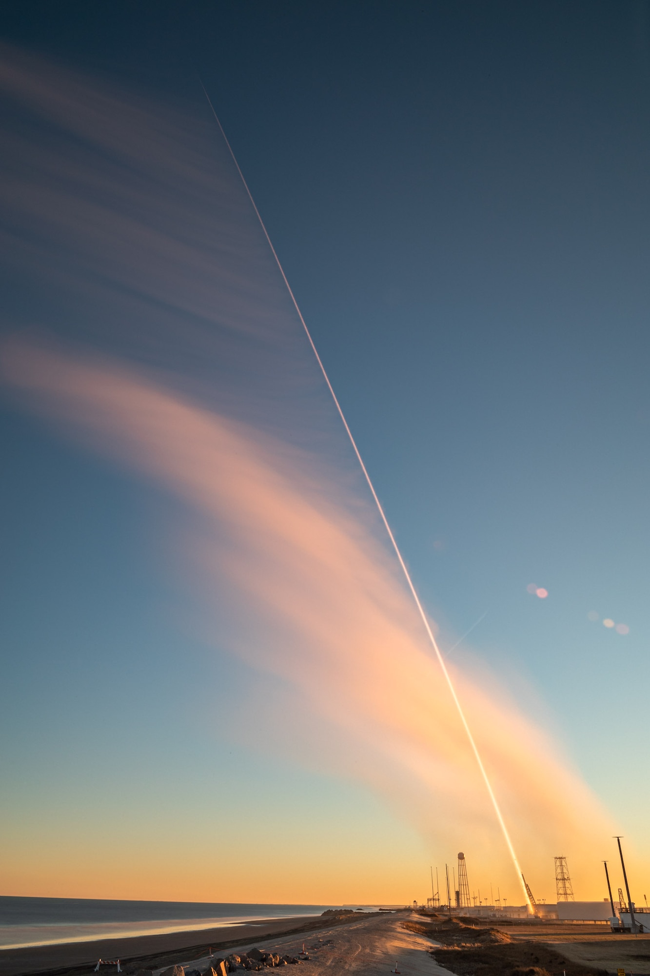 A Terrier-Terrier-Oriole sounding rocket, carrying an experimental research payload for the Air Force Research Laboratory, launches from NASA’s Wallops Flight Facility on Wallops Island, Va., March 3, 2021. The TTO sounding rocket vehicle will place the AFRL research payload onto a preplanned suborbital trajectory. This AFRL research experiment is the first AFRL and Space and Missile Systems Center's Launch Enterprise partnered experimental launch from Wallops Flight Facility, while also being the first U.S. Space Force's first sounding rocket launch with Space Vector Corporation. (Courtesy photo)