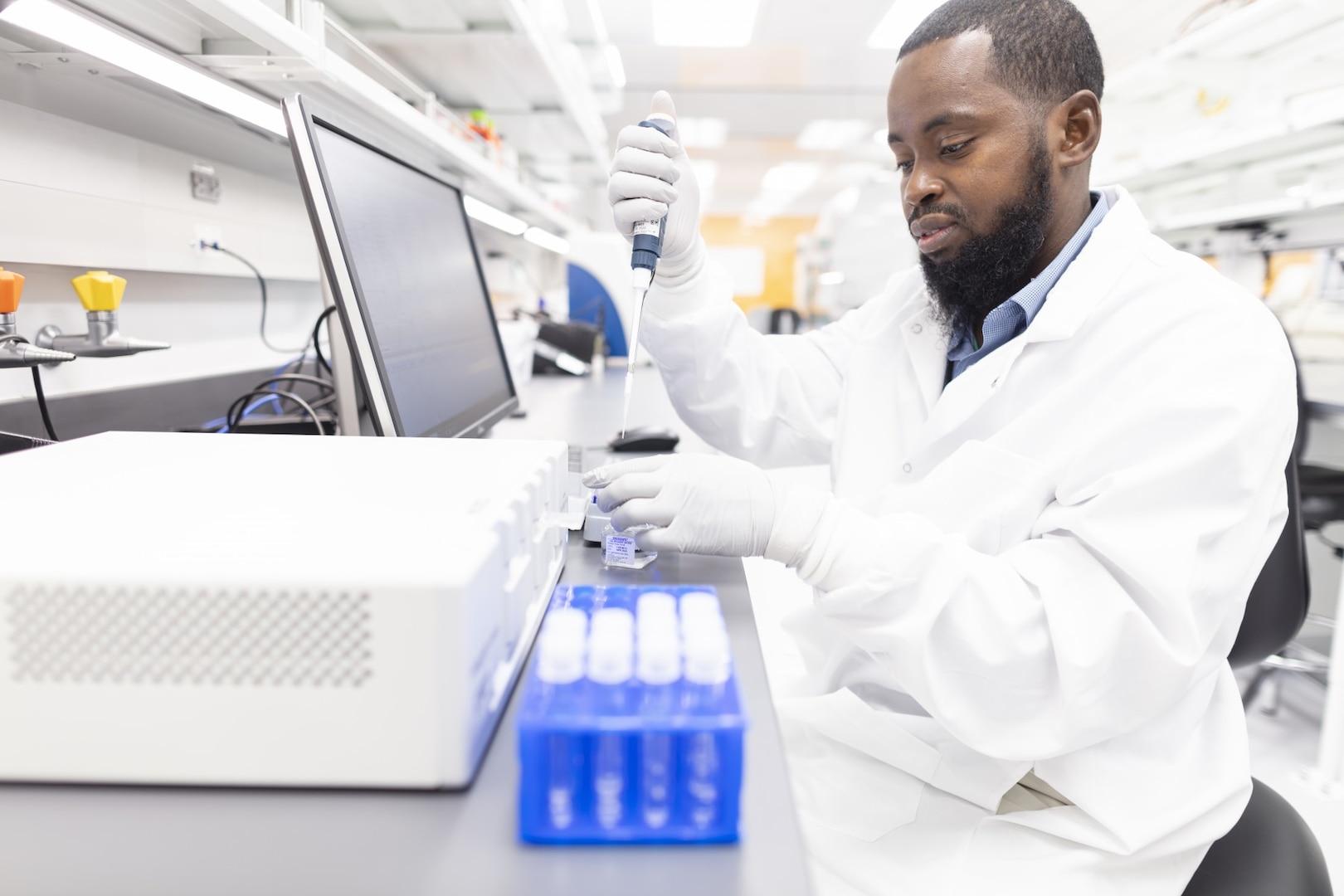 Biomedical specialist Mamadou Dialio at work in the Cedars-Sinai Biomanufacturing Center.