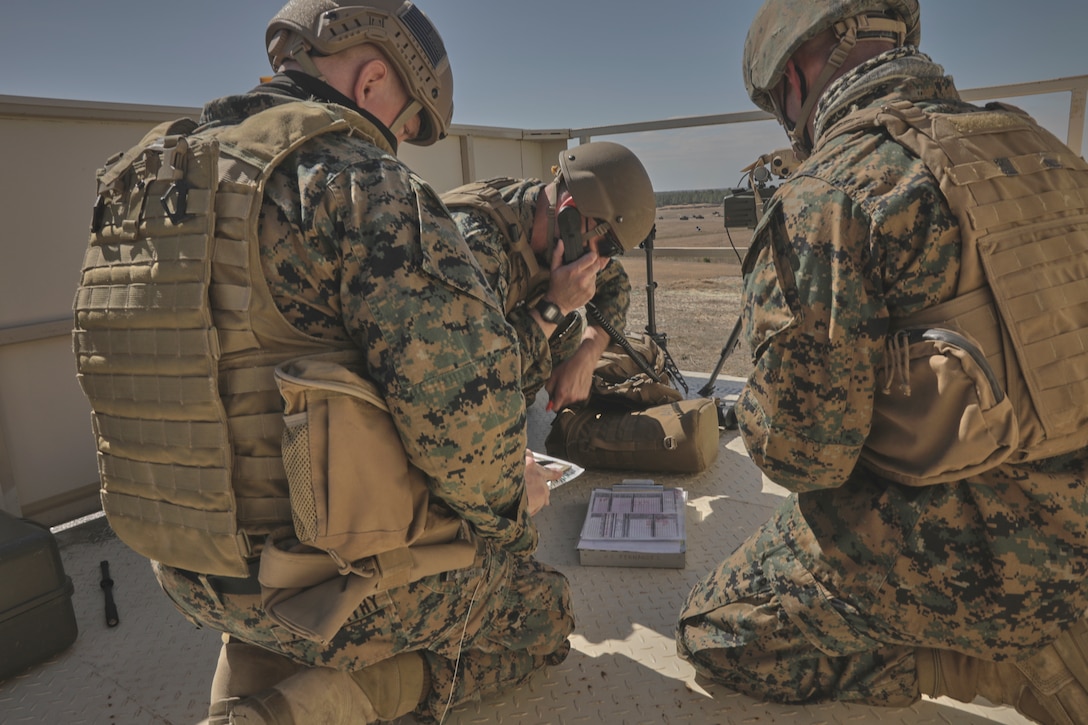 U.S. Marines conduct a call for fire while participating in Tactical Air Control Party training as a part of a Close Air Support Exercise at Camp Shelby, Mississippi, Feb. 26.