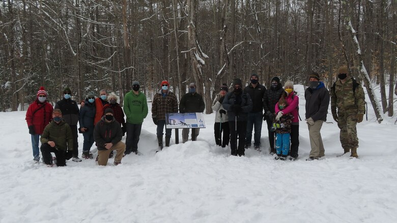 NEW BOSTON AIR FORCE STATION, N.H. – Members of New Boston Air Force Station and the local community pose for a photo during their hike to  the Melendy Farmsted r, Feb. 20, 2021.  During the event, hikers learned about the history of abolitionists Luther and Lucinda Melendy owners of the Melendy Farmstead and one of the last stops on the Underground Railroad.(Courtesy photo)