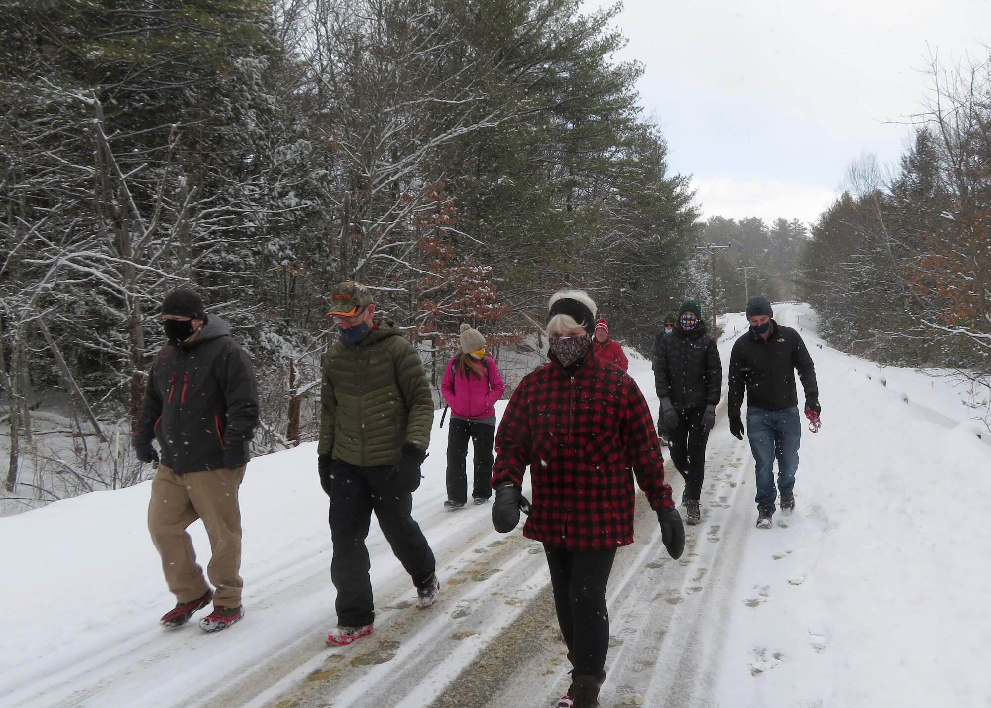 NEW BOSTON AIR FORCE STATION, N.H. – Members of New Boston Air Force Station and the local community hike to the Melendy Farmstead, a  base archeological site,, Feb. 20, 2021. The hike was organized as an event for local community members to see the farmstead, which was one of the last stops on the Underground Railroad, and to educate local community members about the AFS missions. (Courtesy photo)