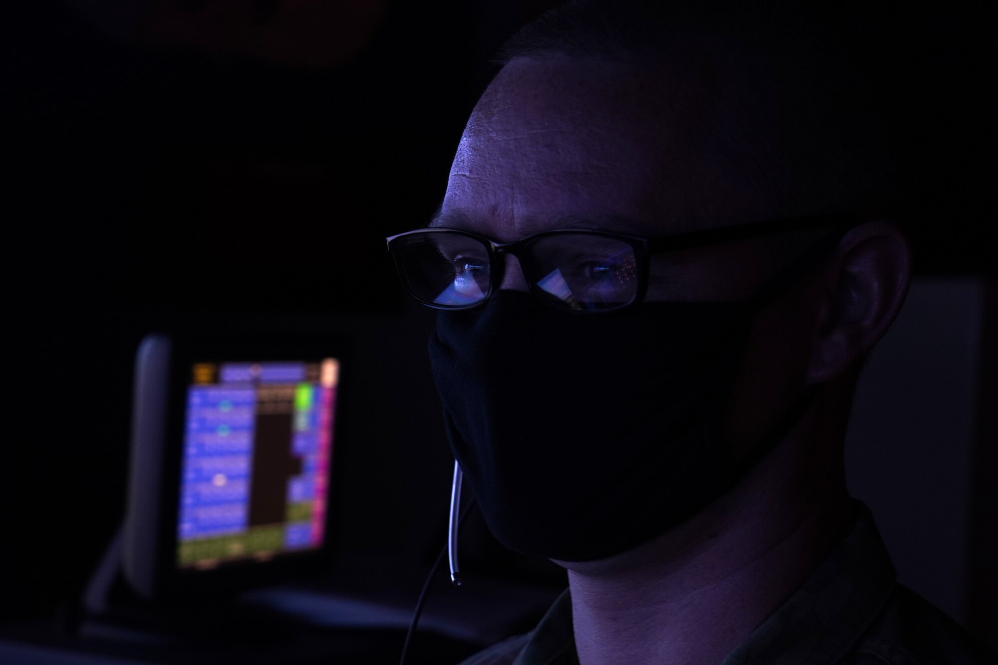 U.S. Air Force Tech. Sgt. Dustin Brannan, 334th Training Squadron air traffic control instructor, practices air traffic simulations inside Cody Hall at Keesler Air Force, Mississippi, March 4, 2020. Brannan was selected to be a part of the Air Education and Training Command Air Traffic Control Rapid Response Team, initiated to combat the potential loss of manning due to COVID-19. (U.S. Air Force photo by Senior Airman Seth Haddix)
